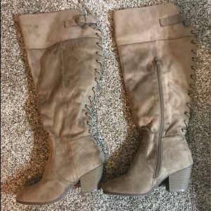 GC. Lyla Lace up, knee-high, wide calf boots.